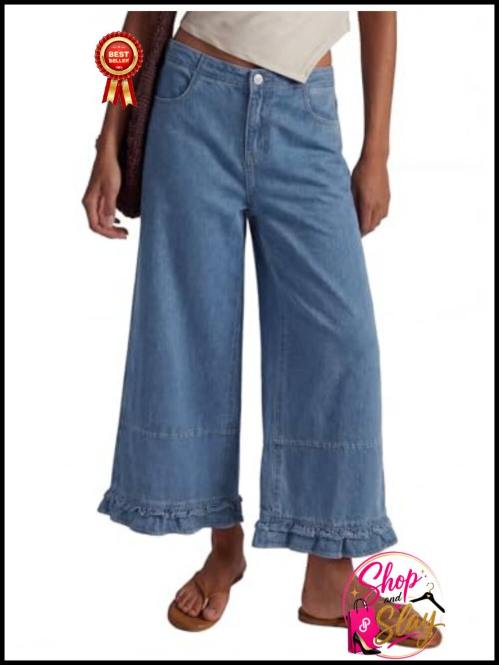 Wide Leg Cropped Jeans Ruffle Hem 100% Cotton Denim Pants